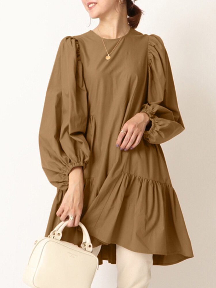 Dame Pure Color Tiered Plisserte Puff Sleeve Casual Longline Bluser