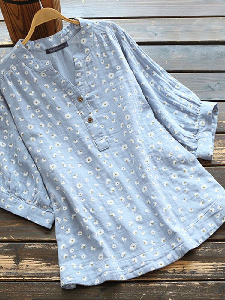 Dame Retro Daisy Print Halvknapp Buet Hem Kortermet Bluse