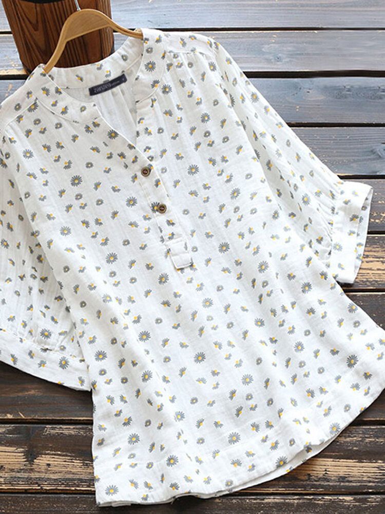 Dame Retro Daisy Print Halvknapp Buet Hem Kortermet Bluse