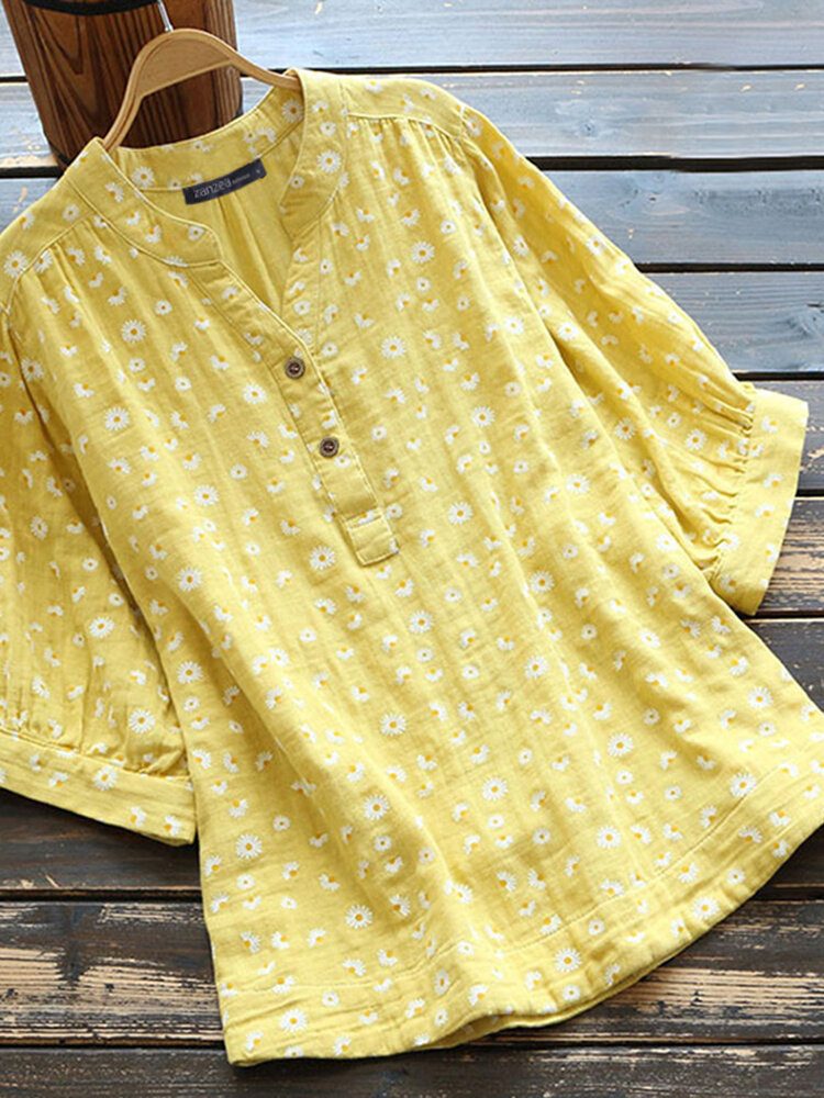 Dame Retro Daisy Print Halvknapp Buet Hem Kortermet Bluse