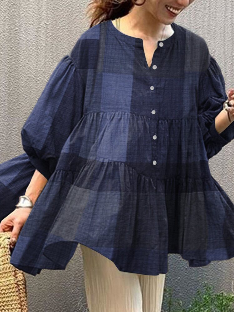 Dame Rutete Button Up Ruffle Halve Erme Løse Casual Bluser