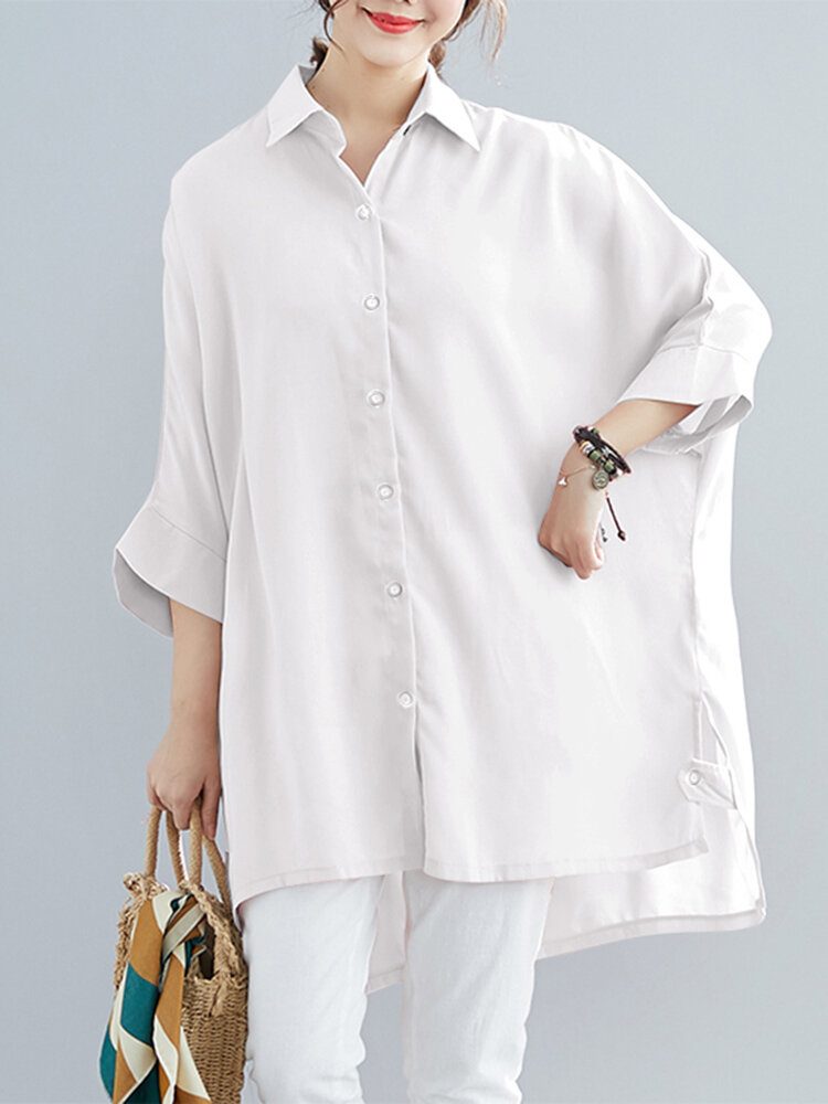 Dame Solid Button High-low Hem Batwing Sleeve Lapel Collar Shirt