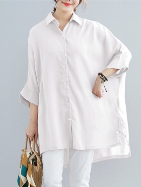 Dame Solid Button High-low Hem Batwing Sleeve Lapel Collar Shirt