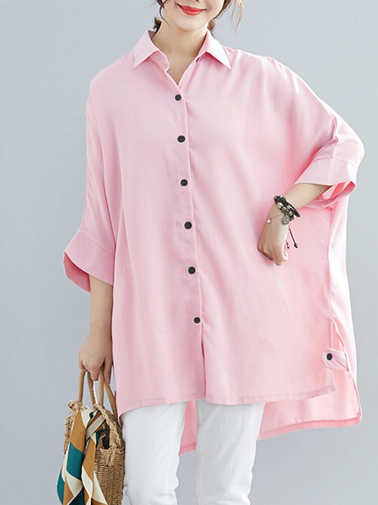 Dame Solid Button High-low Hem Batwing Sleeve Lapel Collar Shirt