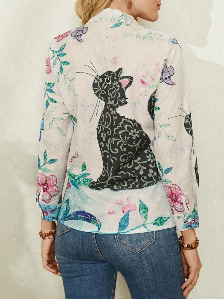 Dame Søt Cat Print Langermet Lapel Casual Skjorte