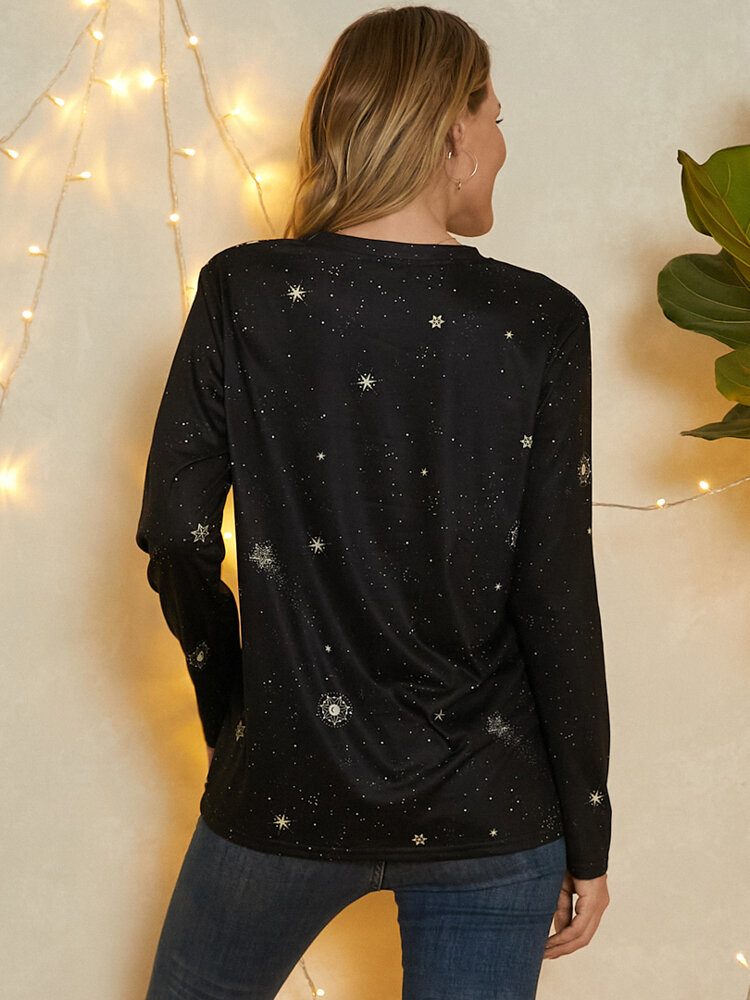 Dame Steinbukken Galaxy Print Rundhals Langermet Casual Bluser