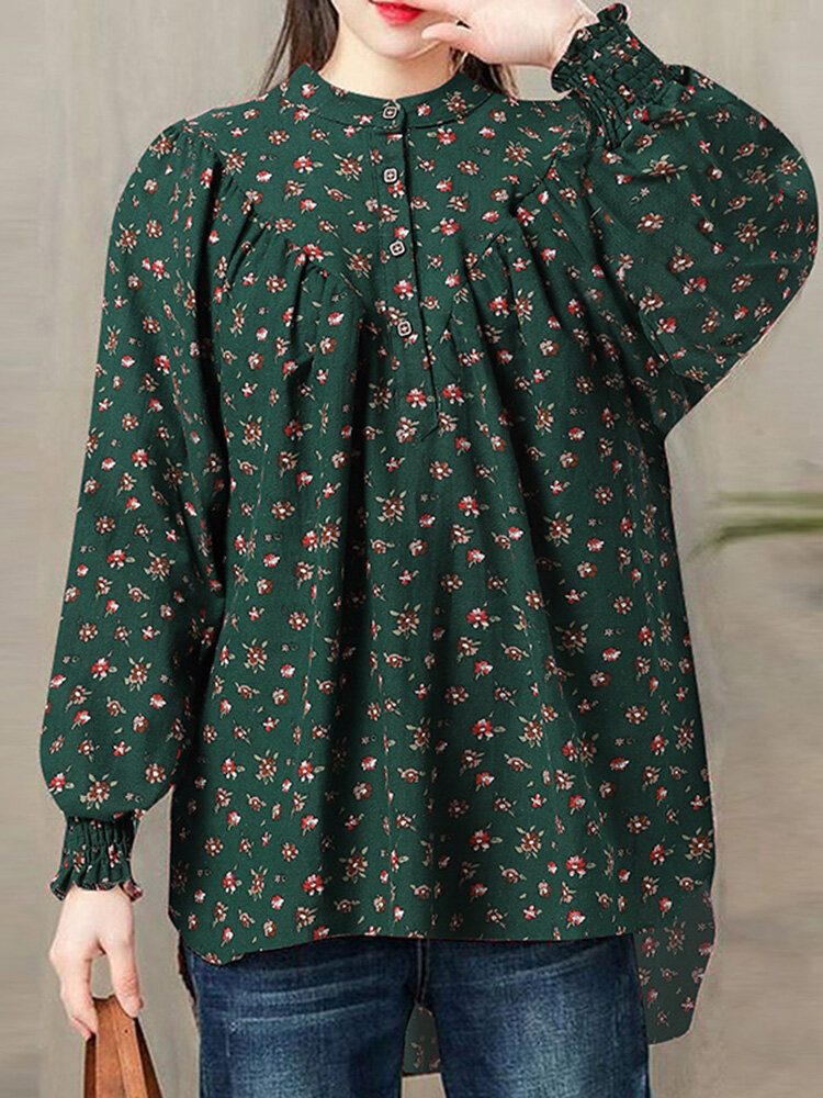 Ditsy Floral Print Button Rynket Langermet Bluse