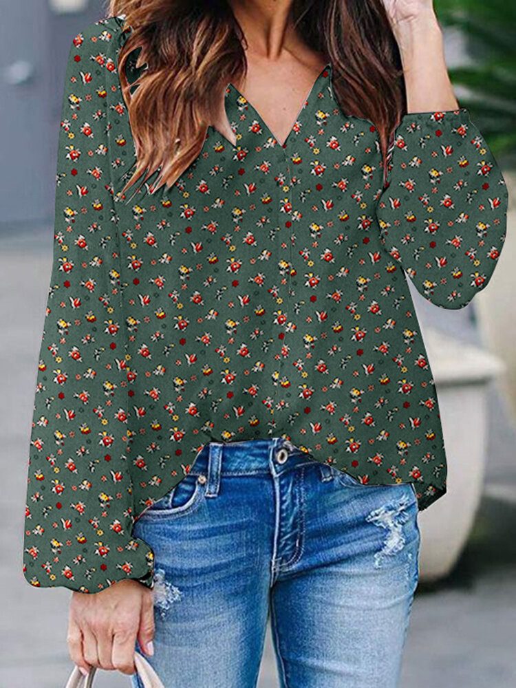 Ditsy Floral V-hals Casual Langermet Løs Bluse