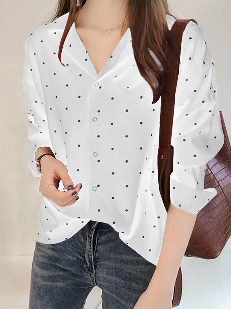 Dot Print Button Langermet Lapel Bluse For Dame