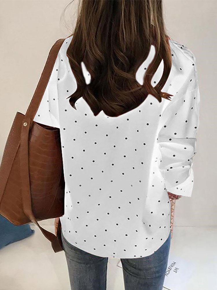 Dot Print Button Langermet Lapel Bluse For Dame