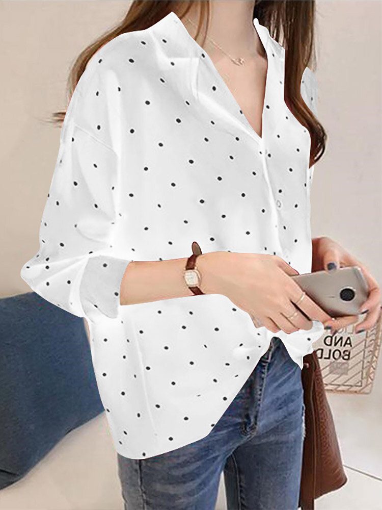 Dot Print Button Langermet Lapel Bluse For Dame