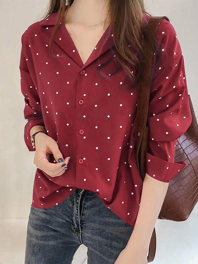 Dot Print Button Langermet Lapel Bluse For Dame