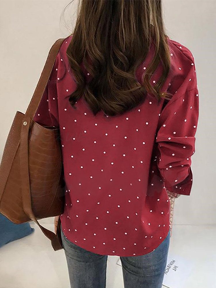 Dot Print Button Langermet Lapel Bluse For Dame