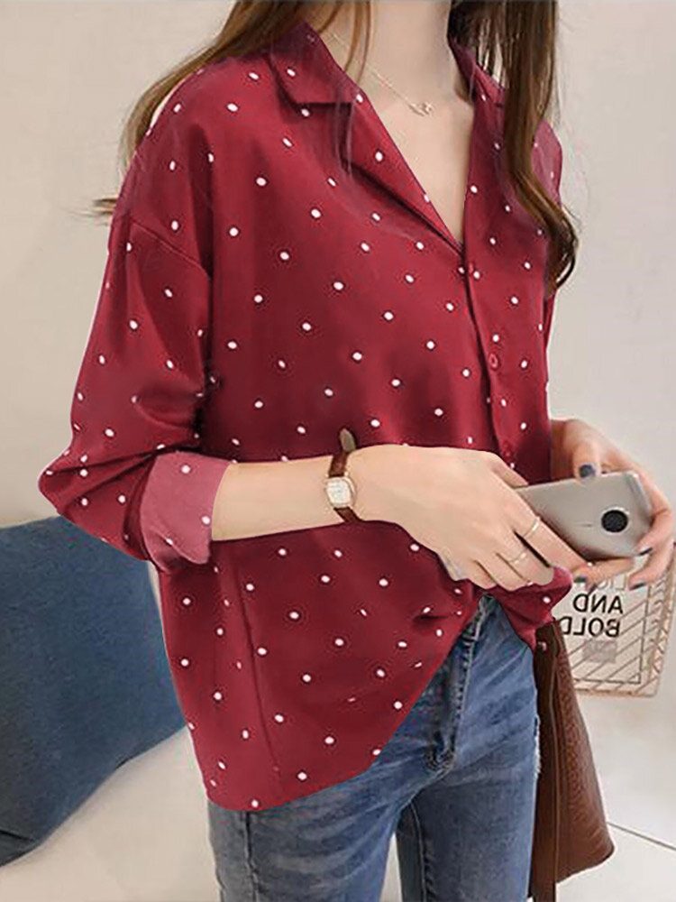 Dot Print Button Langermet Lapel Bluse For Dame