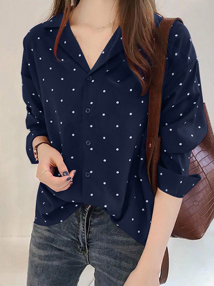 Dot Print Button Langermet Lapel Bluse For Dame