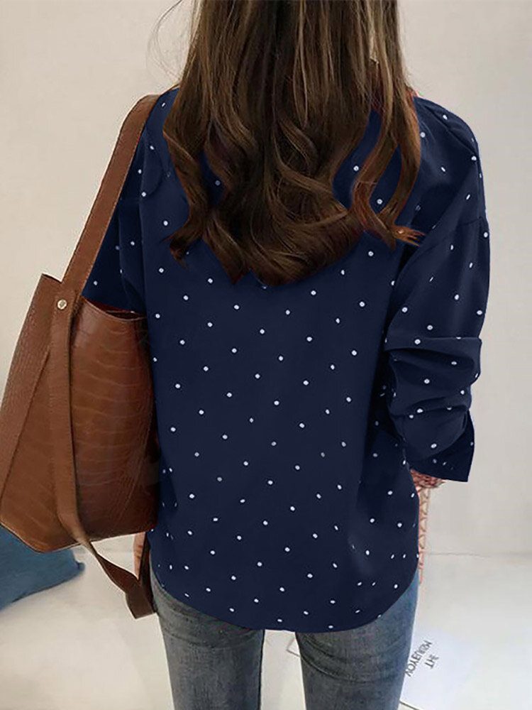 Dot Print Button Langermet Lapel Bluse For Dame