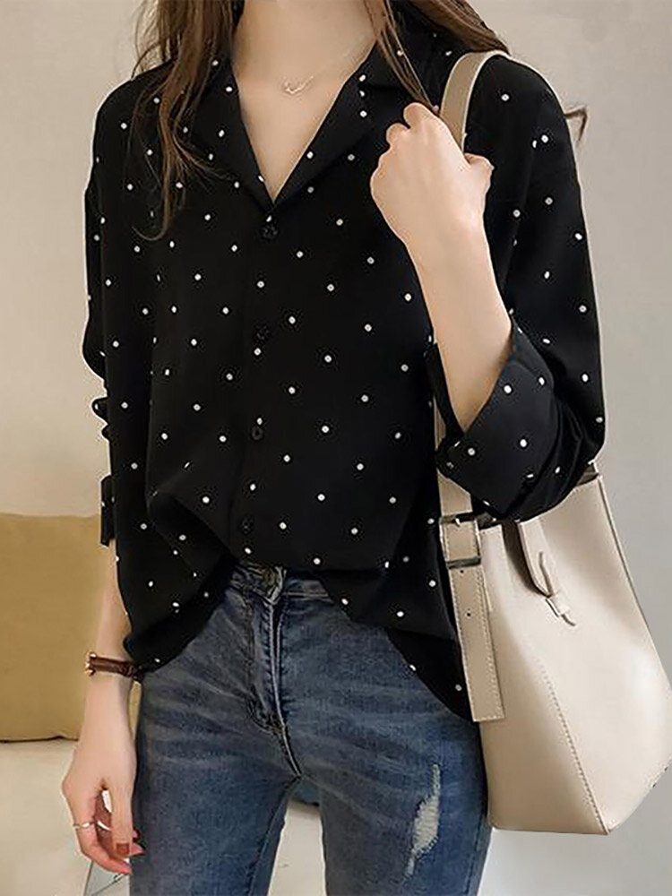 Dot Print Button Langermet Lapel Bluse For Dame