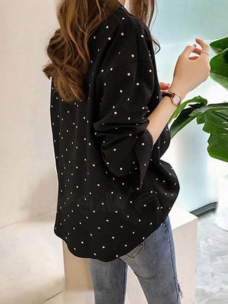 Dot Print Button Langermet Lapel Bluse For Dame