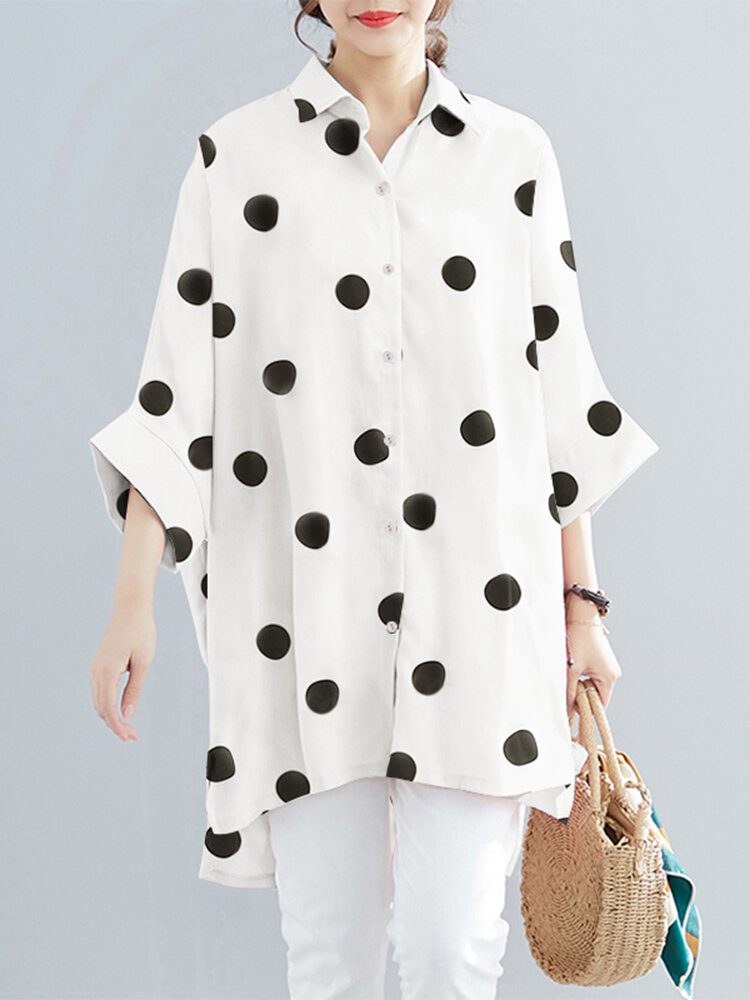 Dot Print Løse Batting Sleeve Lapel Button Down Skjorte