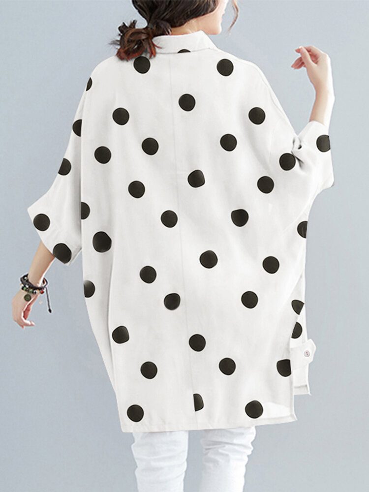 Dot Print Løse Batting Sleeve Lapel Button Down Skjorte