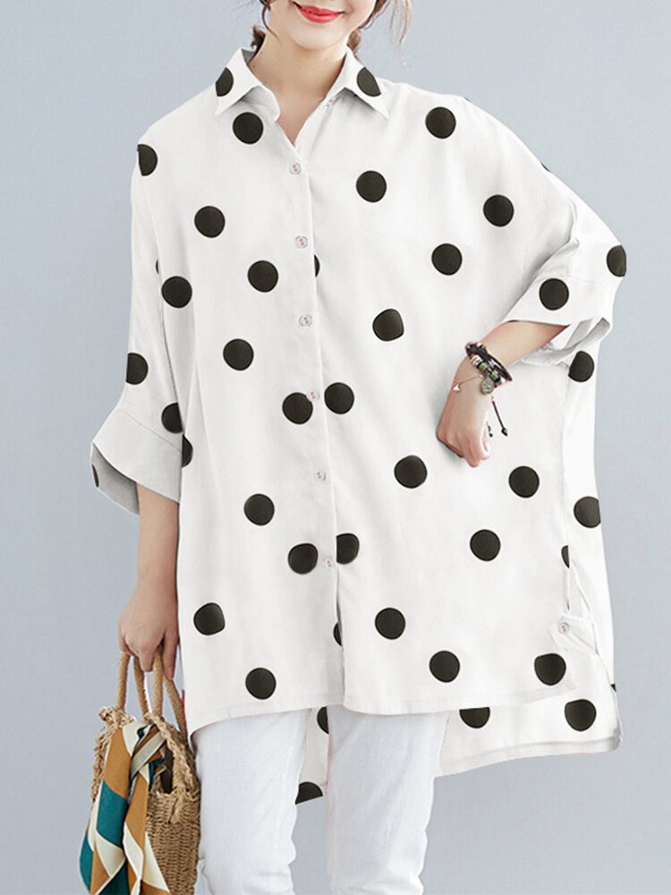 Dot Print Løse Batting Sleeve Lapel Button Down Skjorte