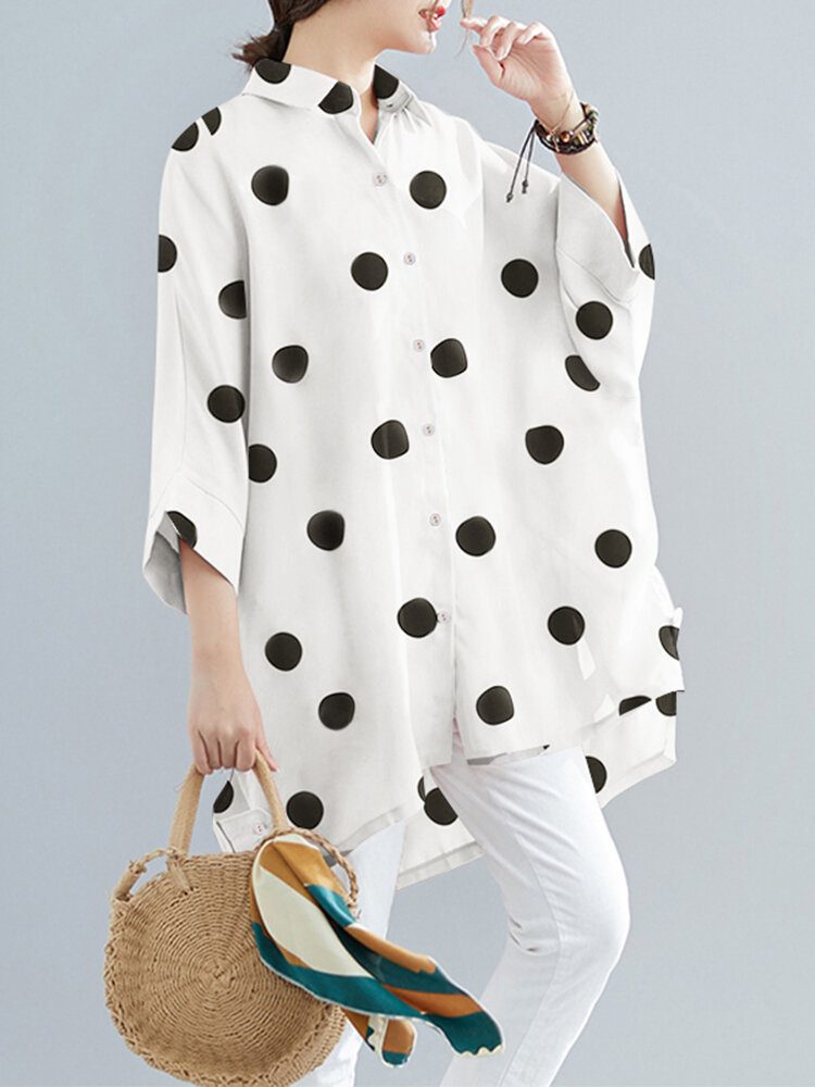 Dot Print Løse Batting Sleeve Lapel Button Down Skjorte