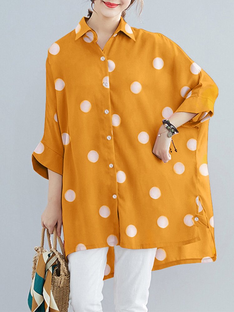 Dot Print Løse Batting Sleeve Lapel Button Down Skjorte