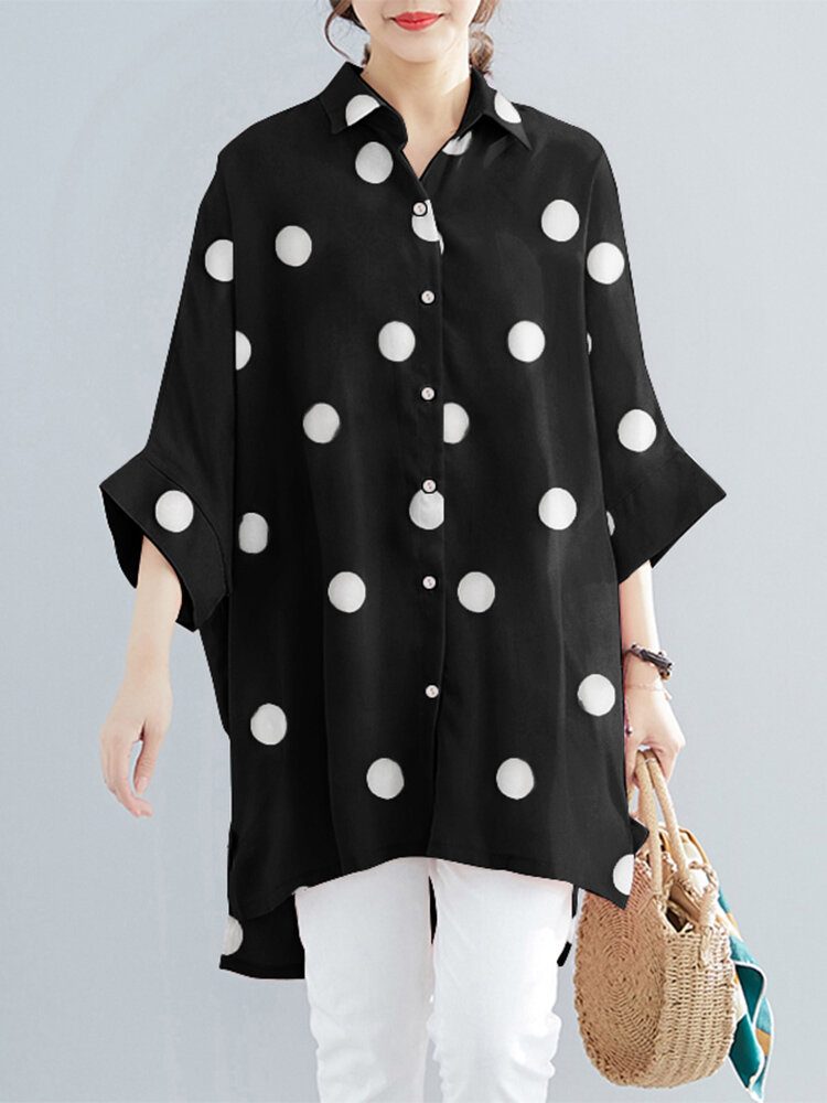 Dot Print Løse Batting Sleeve Lapel Button Down Skjorte