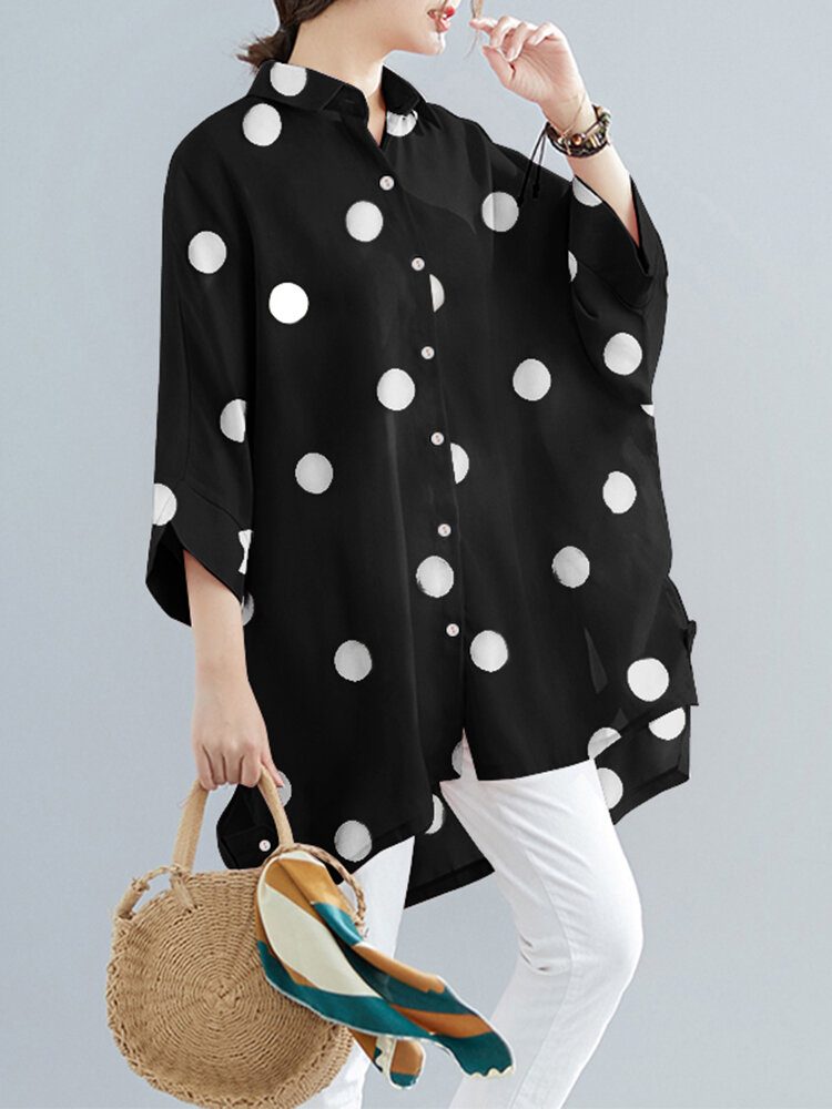 Dot Print Løse Batting Sleeve Lapel Button Down Skjorte