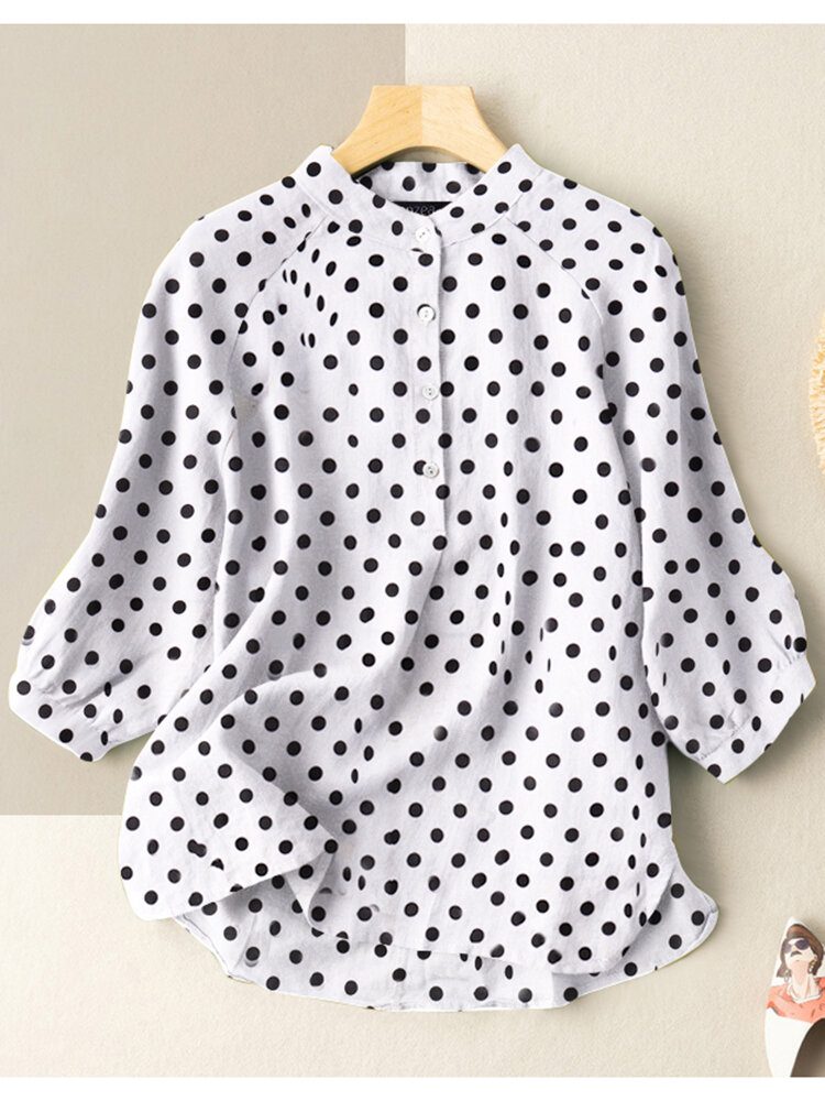 Dot Print Stativ Krageknapp 3/4-ermet Bluse For Kvinner