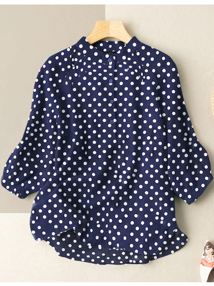 Dot Print Stativ Krageknapp 3/4-ermet Bluse For Kvinner