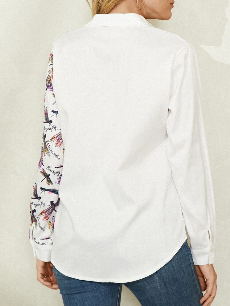 Dragonfly Print Langermet Lapel White Button Shirt For Women