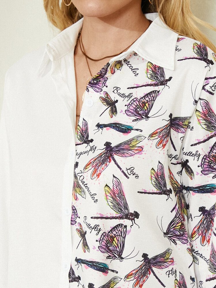 Dragonfly Print Langermet Lapel White Button Shirt For Women