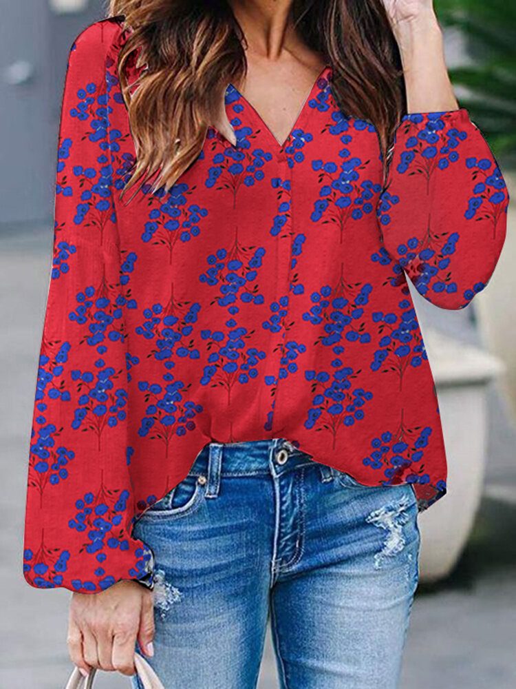 Floral Print Casual V-hals Langermet Bluse