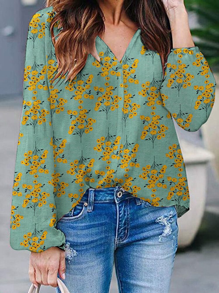 Floral Print Casual V-hals Langermet Bluse