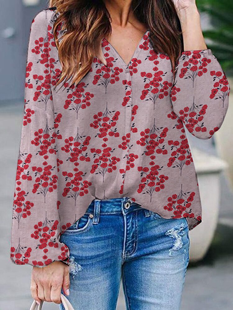 Floral Print Casual V-hals Langermet Bluse