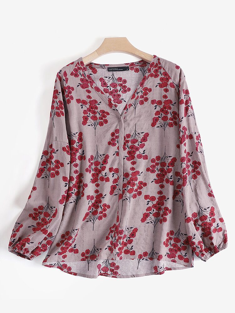 Floral Print Casual V-hals Langermet Bluse