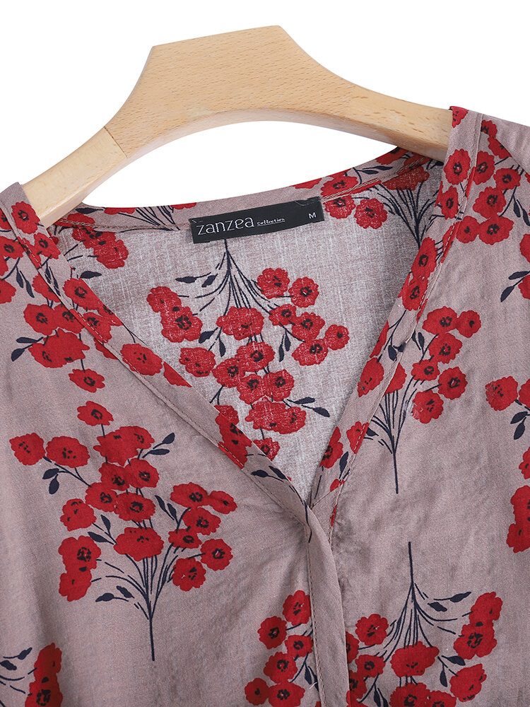 Floral Print Casual V-hals Langermet Bluse