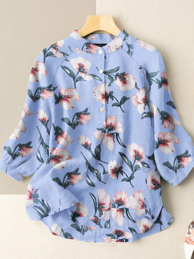 Flower Print Stand Collar Button 3/4-sleeve Bluse For Kvinner