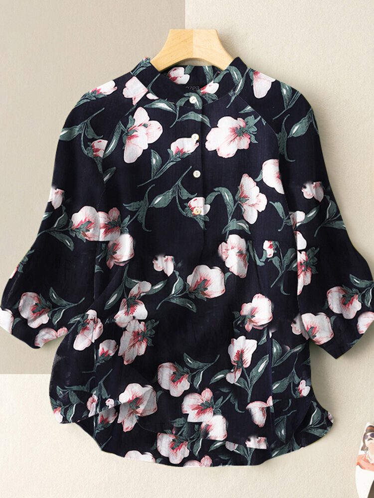 Flower Print Stand Collar Button 3/4-sleeve Bluse For Kvinner