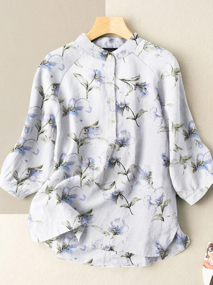 Flower Print Stand Collar Button 3/4-sleeve Bluse For Kvinner