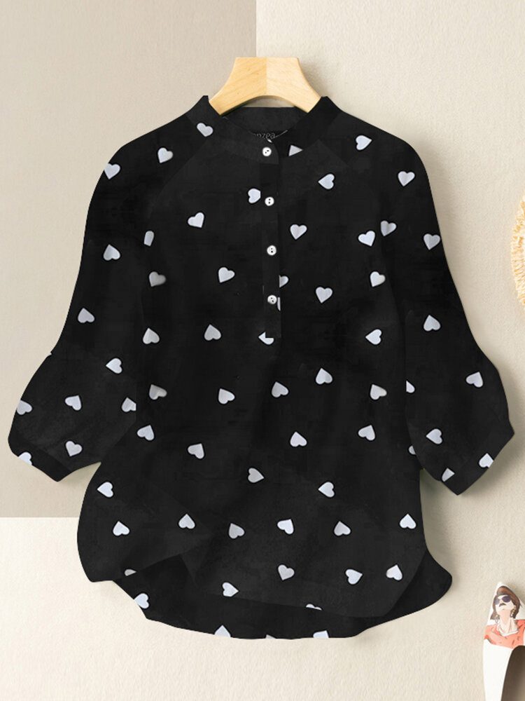 Fritid Love Print Stand Collar Button Bluse