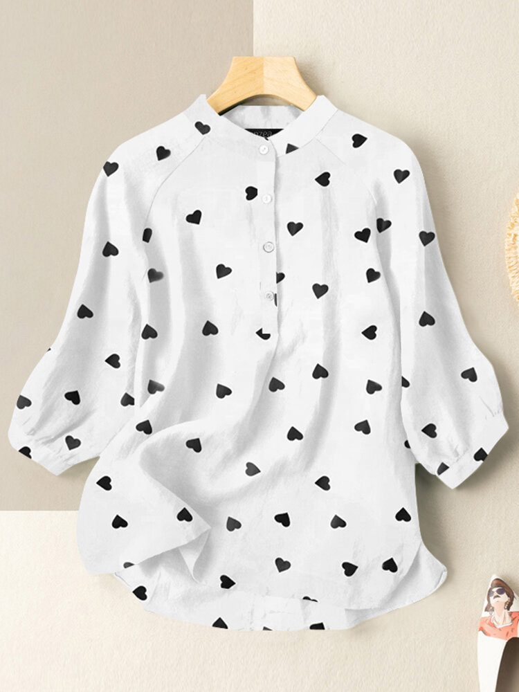 Fritid Love Print Stand Collar Button Bluse