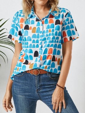 Geometrisk Print Lapel Kortermet Bluse For Dame