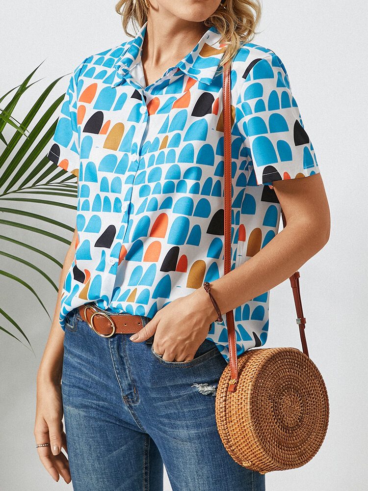 Geometrisk Print Lapel Kortermet Bluse For Dame