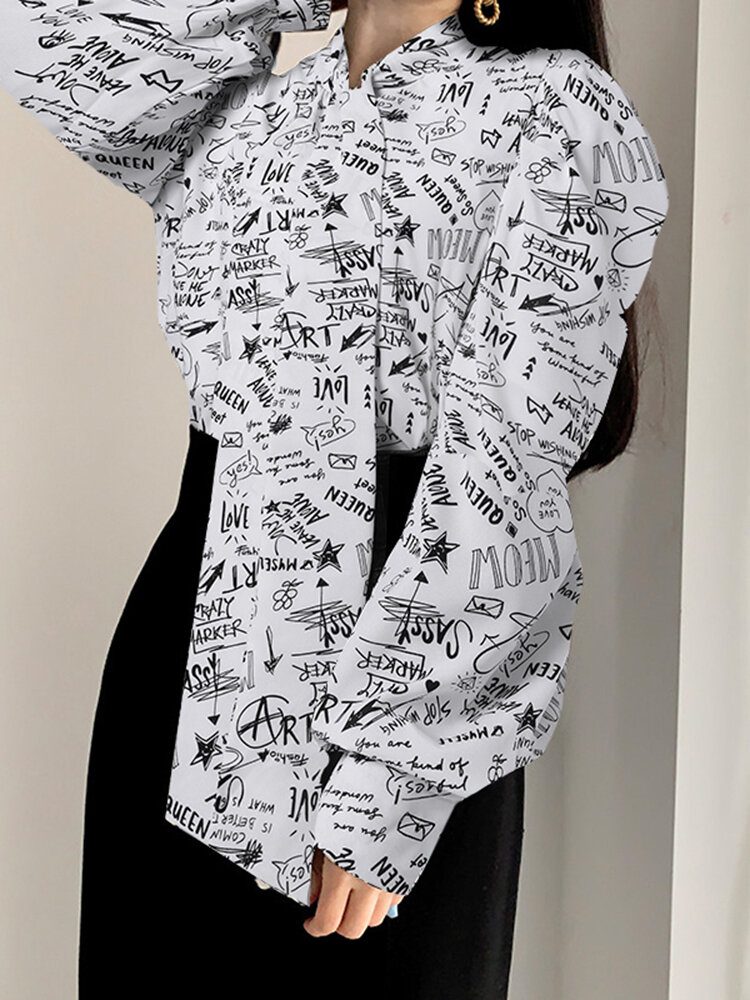 Graffiti Print Tie Neck Langermet Bluse For Dame