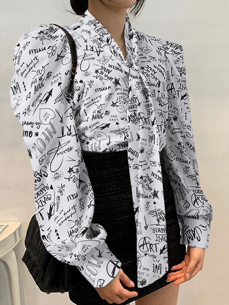 Graffiti Print Tie Neck Langermet Bluse For Dame