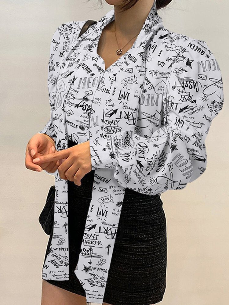 Graffiti Print Tie Neck Langermet Bluse For Dame