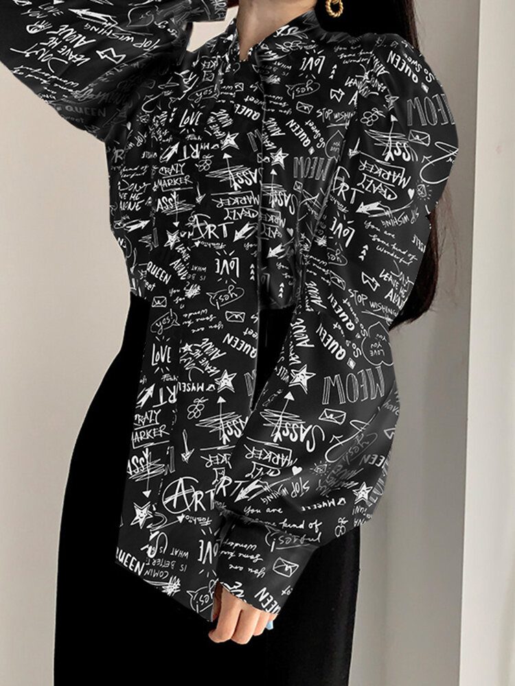 Graffiti Print Tie Neck Langermet Bluse For Dame