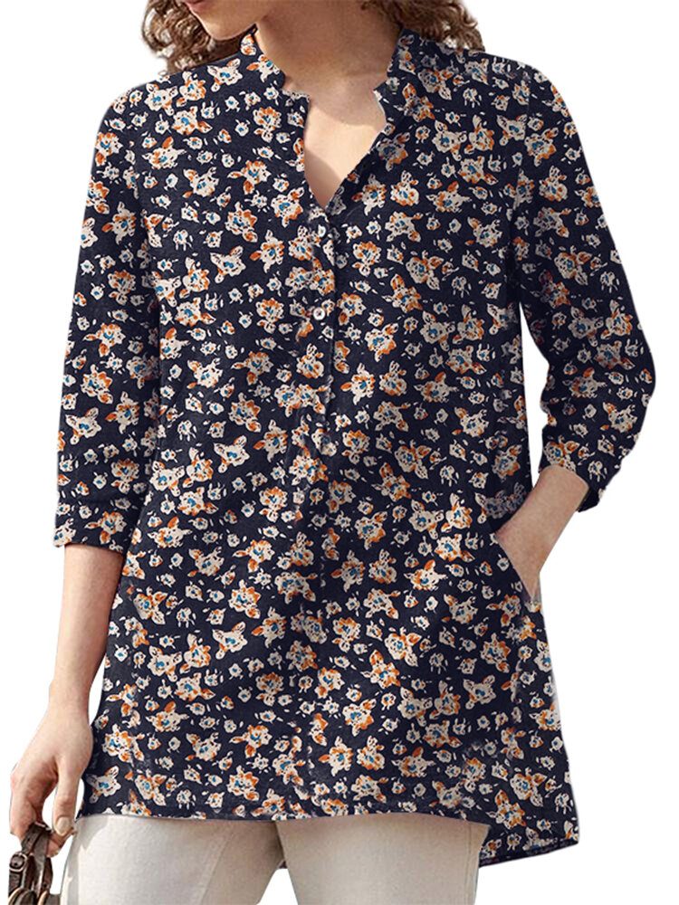 Kvinner 100% Bomull Blomsterfritid Bohemian Retro Style V-hals Sidelommer Bluse